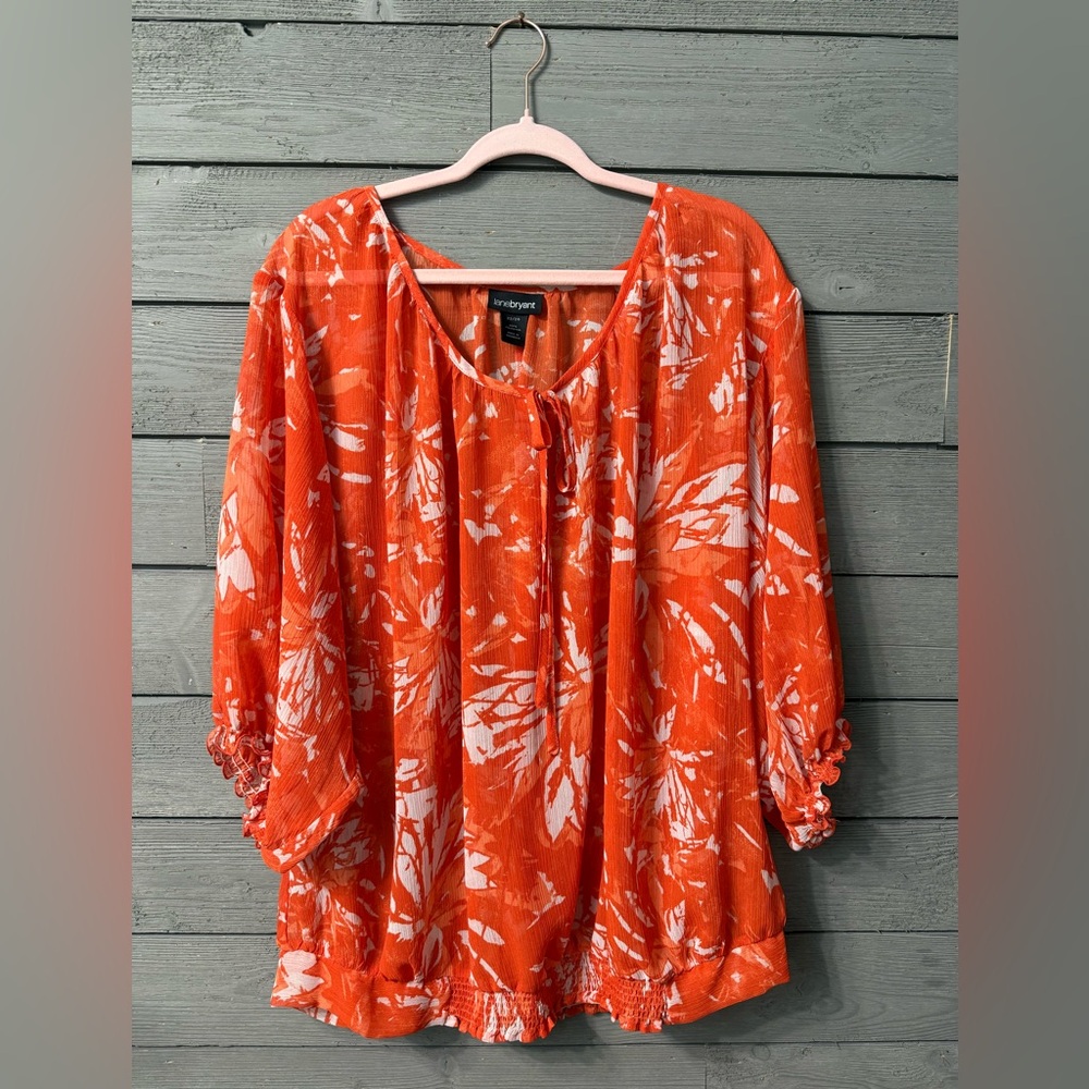 Lane Bryant Orange Tropical Sheer Blouse Sz 22/24 Summer Resort Work Office Date